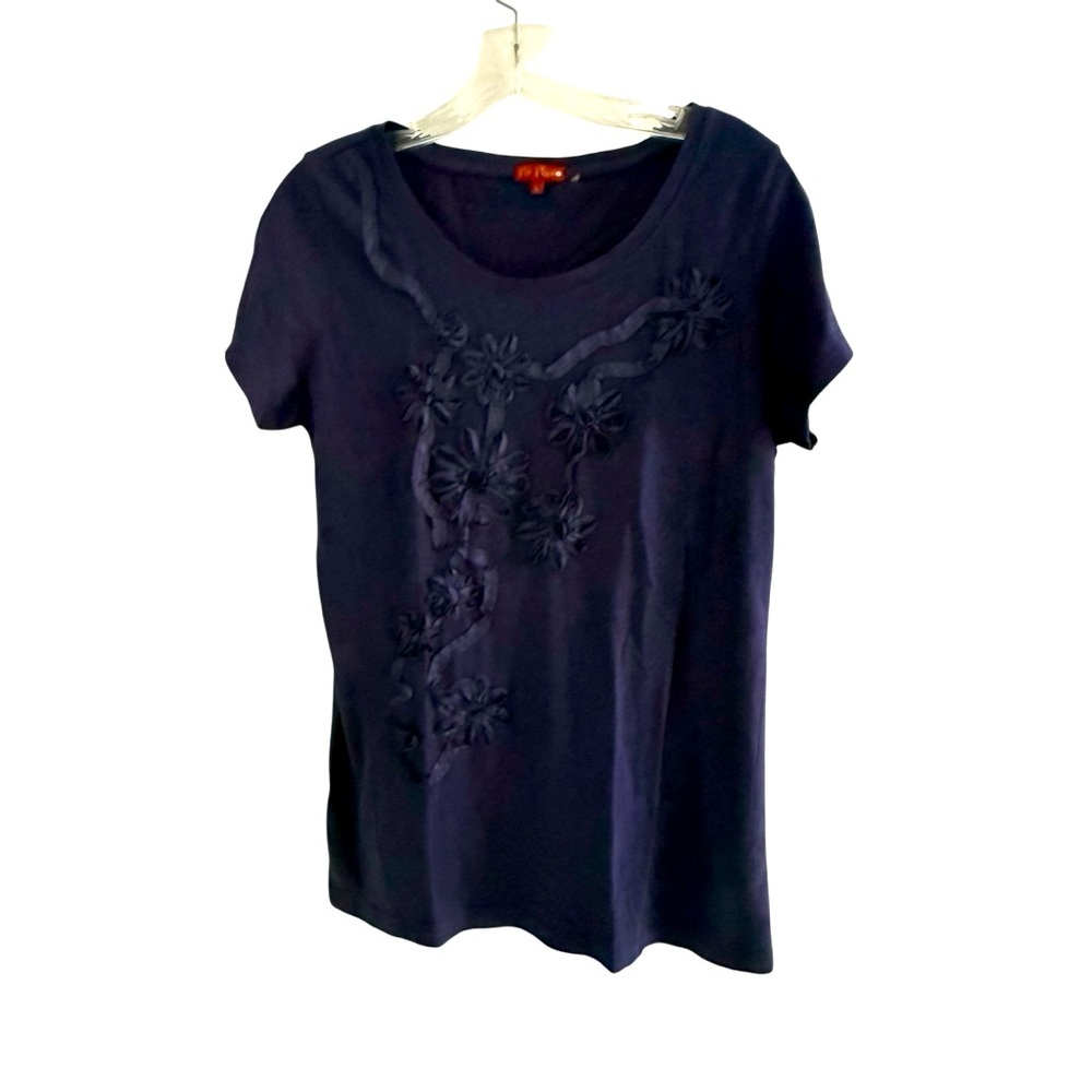 Navy Blue Women's Top tee shirt short sleeves scoop neck floral embellishment